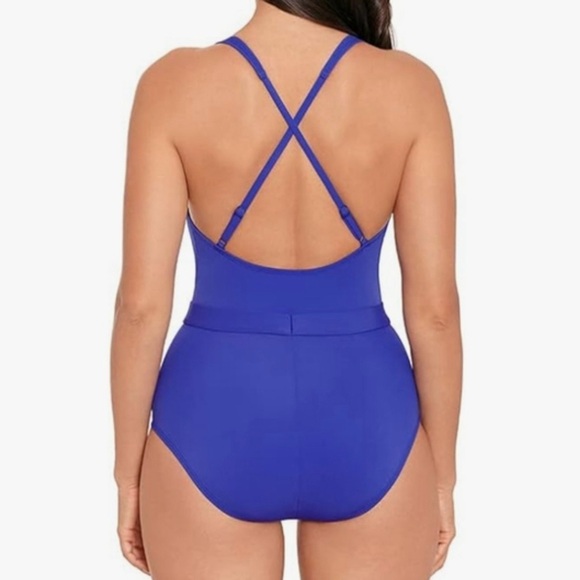 Skinny Dippers solid blue cinch ruffle sleeve one piece swimsuit - Size M - Picture 3 of 7